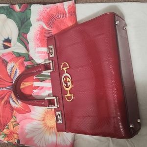 Gucci Red Zumi Snakeskin Top Handle Bag + Flap Card Case